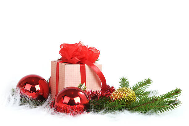 istock Christmas ball with pine branch and gifts 459481005