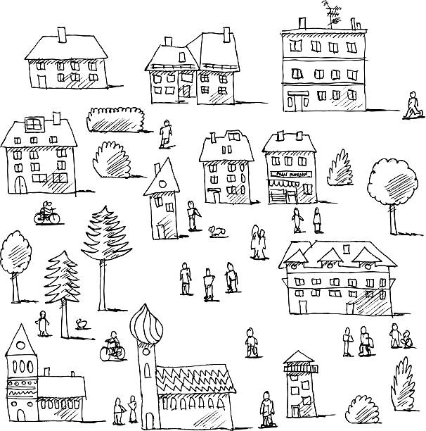 Buildings Trees People Urban Life Set Drawing Hand-drawn vector drawing of an Urban Life Set with Buildings, Trees and People. Black-and-White sketch on a transparent background (.eps-file). Included files are EPS (v10) and Hi-Res JPG. walking drawings stock illustrations