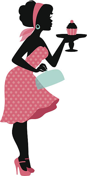 Cupcake Kisses A cute chef blowing kisses to her cupcake on a cake stand. Her head scarf and the glass cake tray lid (blue) are transparencies. pin up girl cake stock illustrations
