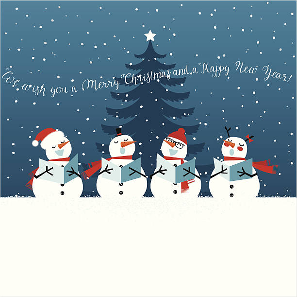 Holiday Christmas card with singing snowmen Group of snowman singing Christmas carols under the Christmas tree. Christmas card with lettering. cute christmas clip art stock illustrations