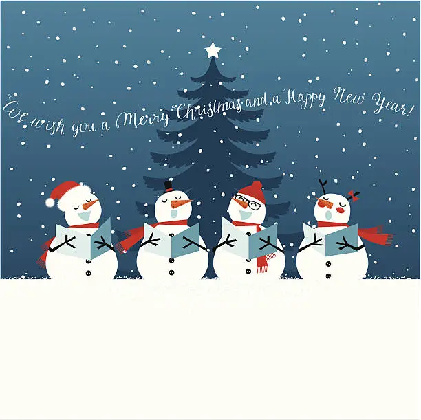 Vector illustration of Holiday Christmas card with singing snowmen