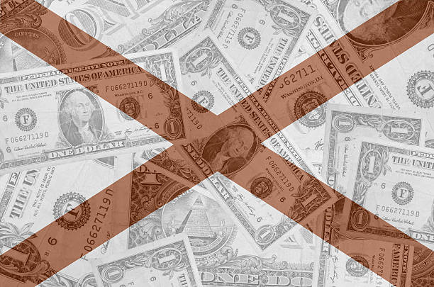 transparent united states of america state flag of alabama with dollar currency in background symbolizing political, economical and social government