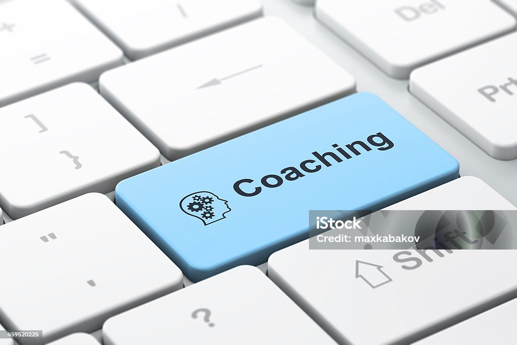 Education concept: Head With Gears and Coaching on computer keyb Education concept: computer keyboard with Head With Gears icon and word Coaching, selected focus on enter button, 3d render Coach Bus Stock Photo