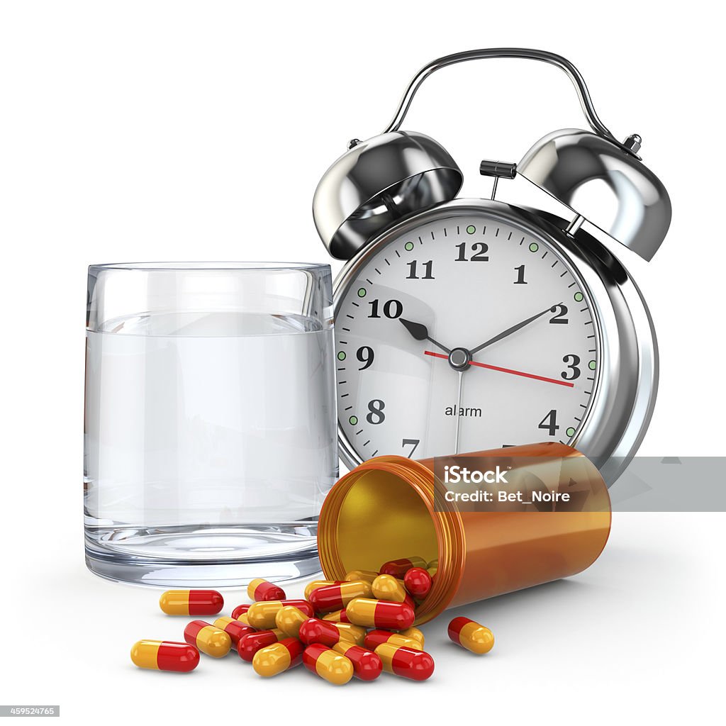 Medication time. Pills, water glass and alarm clock. Medication time. Pills, water glass and alarm clock. 3d Addiction Stock Photo