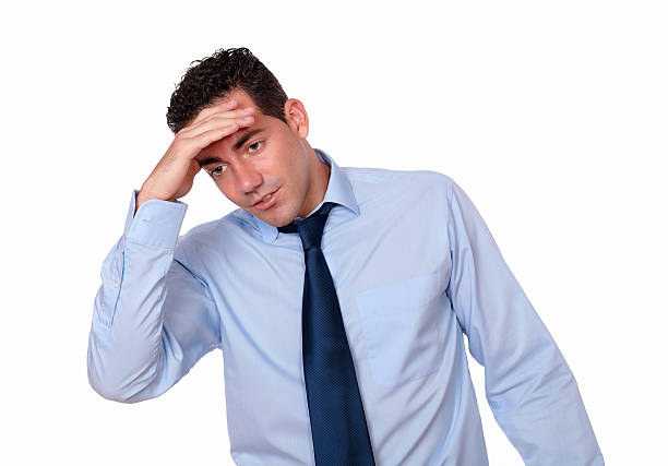 istock Stress adult man with headache standing 459567303