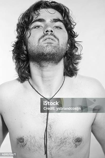 Black And White Portrait Of Psychedelic Rock Style Musician Stock Photo - Download Image Now