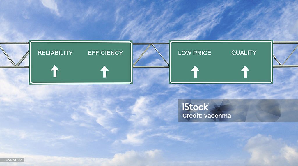 Road signs to reliability, efficiency, low price, quality Accessibility Stock Photo