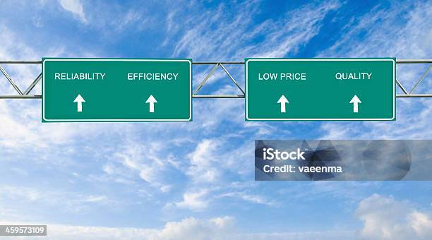 Road Signs To Reliability Efficiency Low Price Quality Stock Photo - Download Image Now