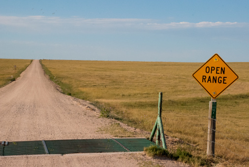 An open range sign and road by cattle guard in northeast Colorado near Keota and Pawnee Buttes. 