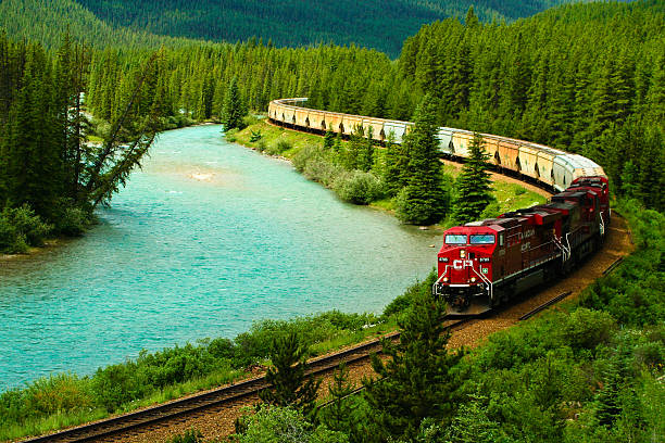 treno sulla ferrovia pacifica canadese - banff foto e immagini stock