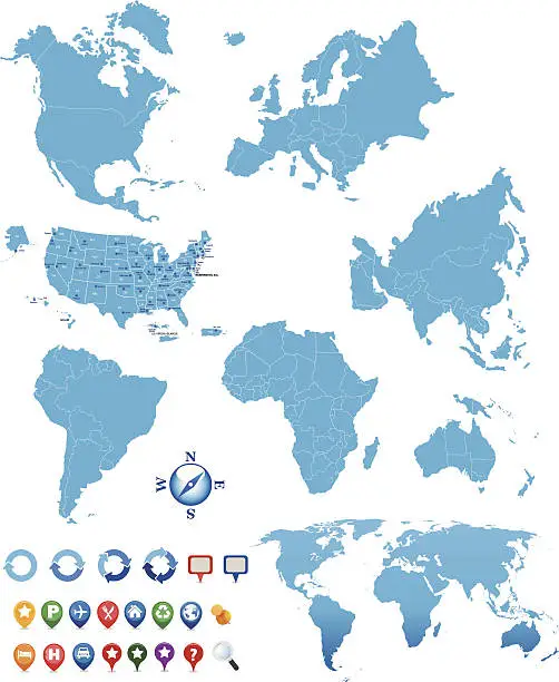 Vector illustration of blue world map with various continent details and GPS icons