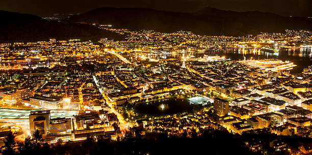 Night panorama of Bergen. stock photo