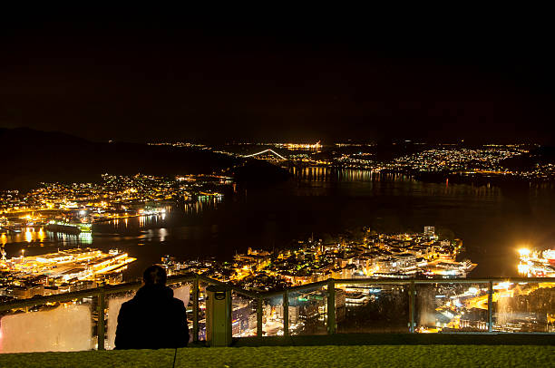 Night panorama of Bergen. stock photo