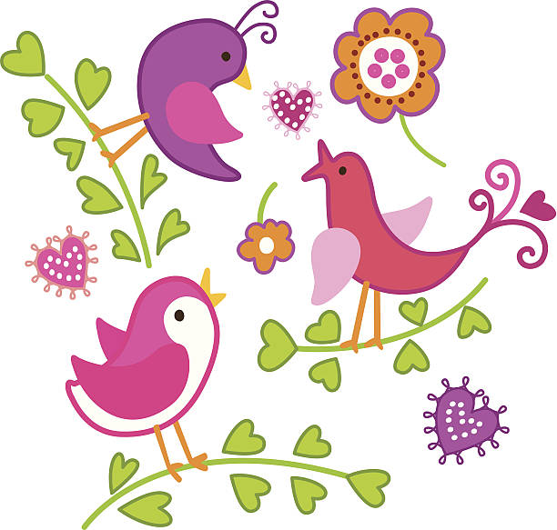 cute birds on branches vector art illustration
