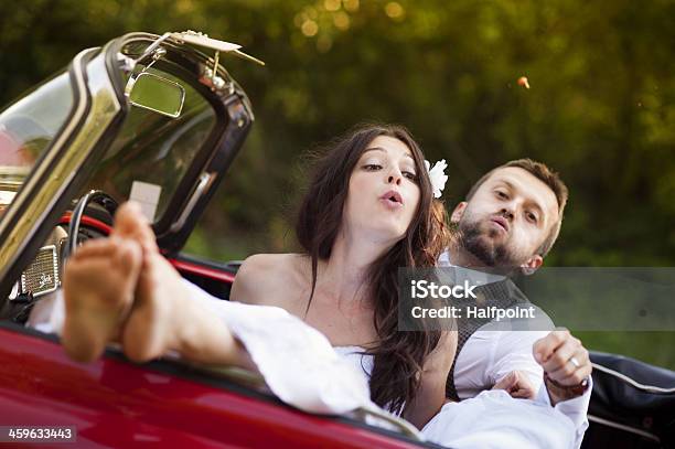 Wedding Car With Bride And Groom Stock Photo - Download Image Now - Adult, Adults Only, Beautiful People