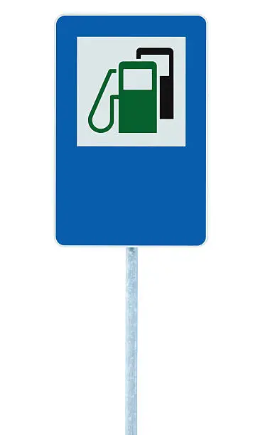 Gas Station Road Sign, Green Energy Concept Gasoline Fuel Filling Traffic Service Roadside Signage, Isolated Blue Petrol Fuel Tank Oil Pump Roadsign On Pole Plus Copy Space
