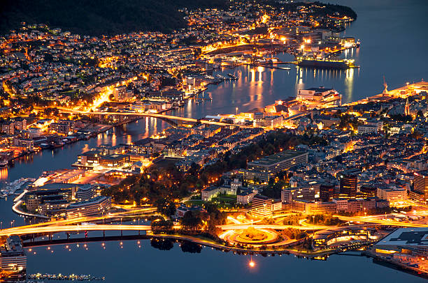 Night panorama of Bergen. stock photo