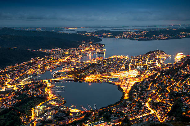 Night landscape view of Bergen stock photo