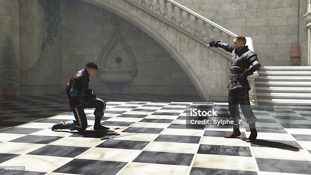 The Duellists Two men in a sunny courtyard fighting a duel to first blood, 3d digitally rendered illustration. Dueling Stock Photo