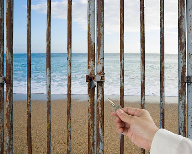 istock Hand hold key unlocking locked door, beach, ocean, sky background 459675509