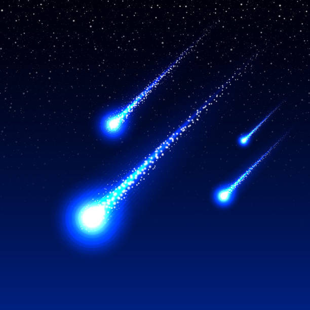 ilustraciones, imágenes clip art, dibujos animados e iconos de stock de lluvia de meteoritos en el cielo nocturno - lluvia de meteoritos
