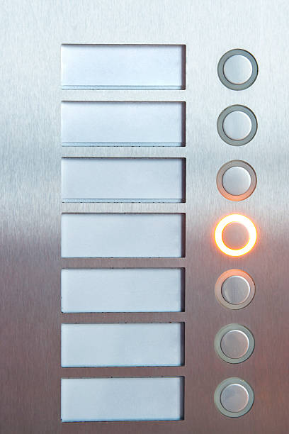 Illuminated Selection Button Close-up of an illuminated selection buttons with blank tags on a stainless steel button panel, these buttons are used to key in your selection.  Blank labels are ready to insert your individual text. knob photos stock pictures, royalty-free photos & images