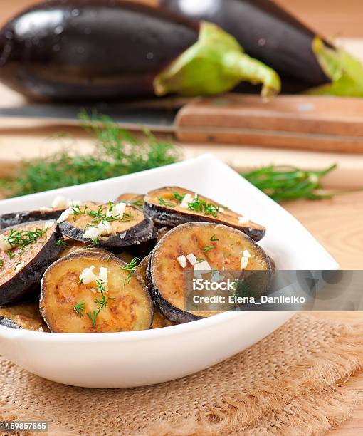 Platter Of Grilled Eggplant With Garlic And Dill Stock Photo - Download Image Now - Backgrounds, Baked, Barbecue Grill