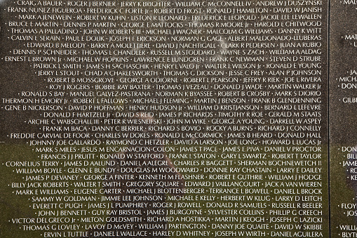 Washington, USA - July 15, 2010: Names of Vietnam war casualties on Vietnam War Veterans Memorial in Washington DC, USA. Names in chronological order,from first casualty in 1959 to last in 1975.