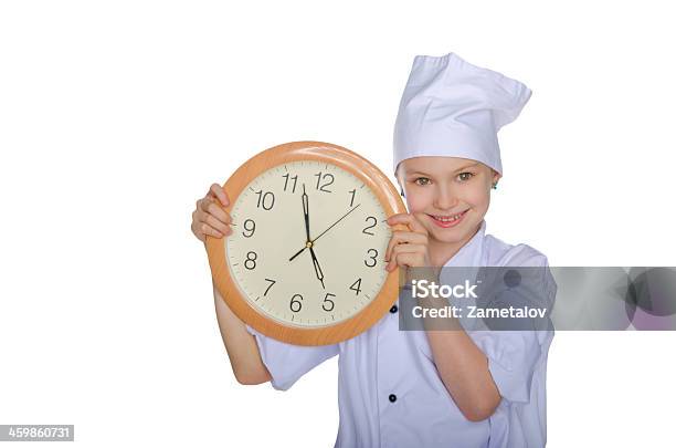 Girl Chef Smiling With Clock Stock Photo - Download Image Now - Activity, Baby - Human Age, Baby Clothing