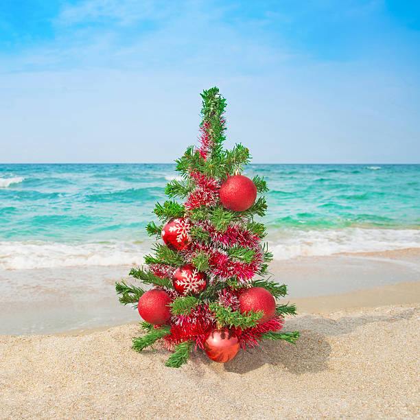 istock Decorated christmas tree on the sea beach. 459871827
