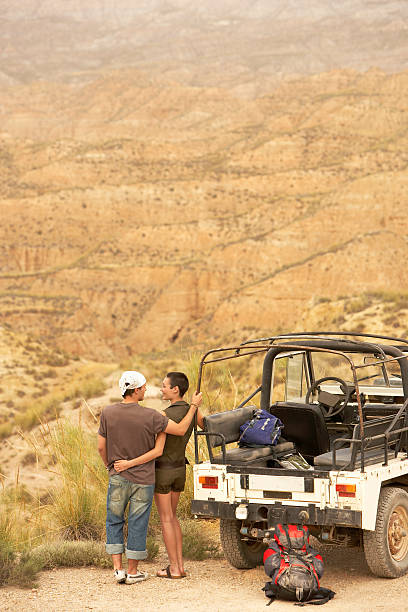 istock Couple By Car Looking At Desert From Cliff 459878697