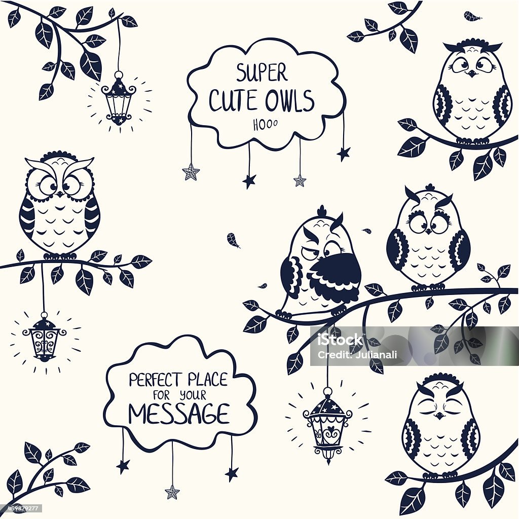 owls funny illustration silhouette of funny owls sitting on a branch Branch - Plant Part stock vector