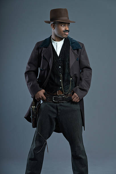 istock Retro Afro america western cowboy man with mustache. 459880159