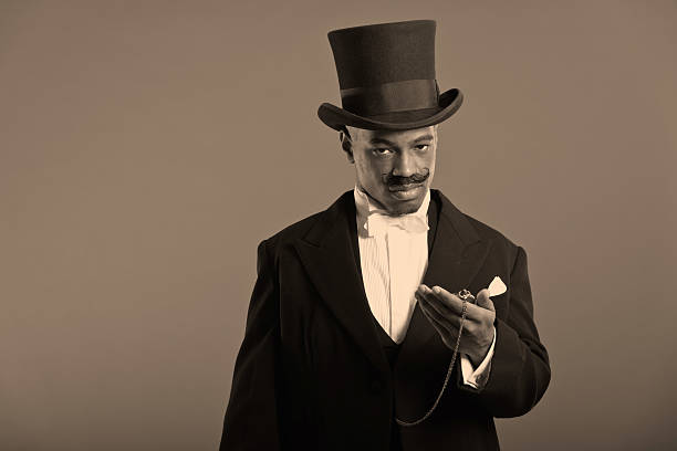 istock Retro afro american dickens scrooge man with mustache. 459880845
