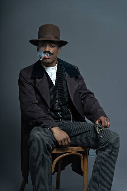 istock Retro afro america western cowboy man with mustache. 459881561