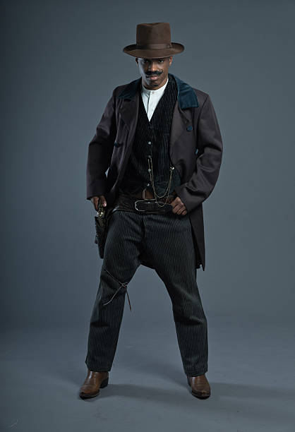 istock Retro Afro america western cowboy man with mustache. 459884279