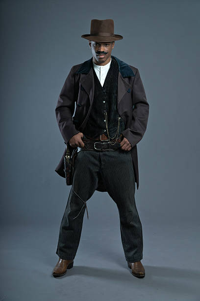 istock Retro Afro america western cowboy man with mustache. 459884407