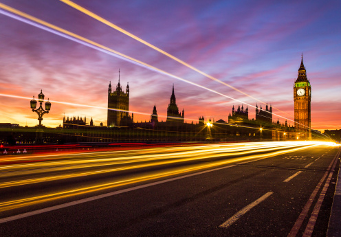 Westminster and a light trail at sunset