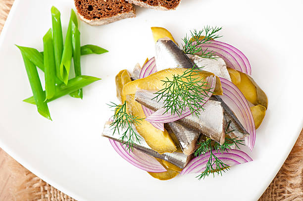 ensalada de pepino con arenques encurtidos y cebollas - healthy eating food and drink raw leek fotografías e imágenes de stock
