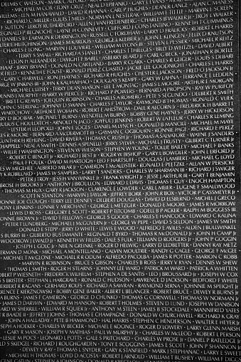 Washington, USA - July 14, 2010: Names of Vietnam war casualties on Vietnam War Veterans Memorial in Washington DC, USA. Names in chronological order,from first casualty in 1959 to last in 1975.