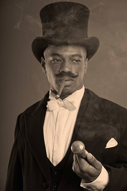 istock Retro afro american dickens scrooge man with mustache. 459886819