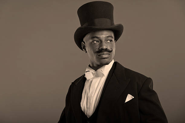 istock Retro afro american dickens scrooge man with mustache. 459887469