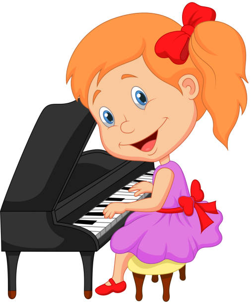 niedliche kleine mädchen spielen klavier cartoon - women little girls teenage girls one person stock-grafiken, -clipart, -cartoons und -symbole