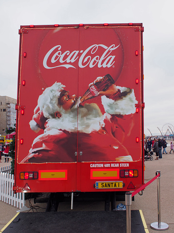 Blackpool, UK. 23rd November 2013. The back of the Coca-Cola Christmas truck, showing the image of santa, at Blackpool on its first leg of its month long tour around the uk.