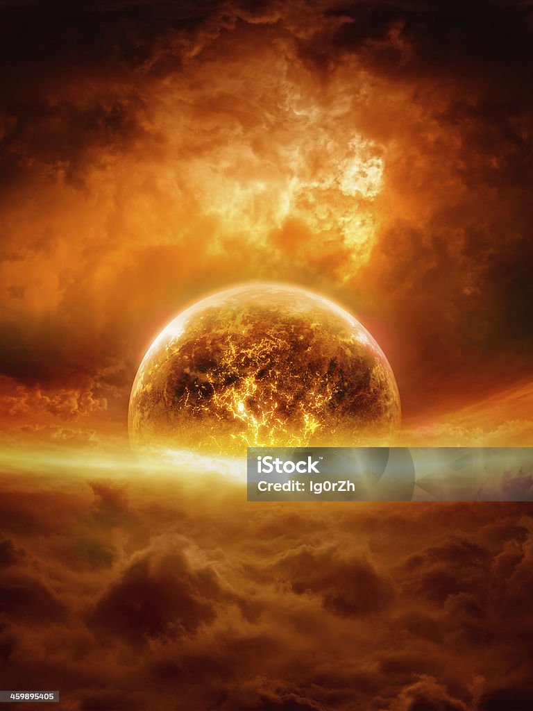 Exploding planet Abstract apocalyptic background - burning and exploding planet Earth in red sky, hell, end of world. Elements of this image furnished by NASA Outer Space Stock Photo