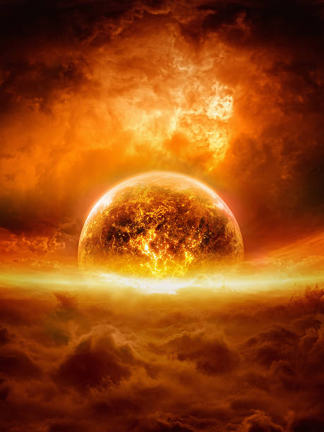 Exploding planet Abstract apocalyptic background - burning and exploding planet Earth in red sky, hell, end of world. Elements of this image furnished by NASA Armageddon Bible stock pictures, royalty-free photos & images