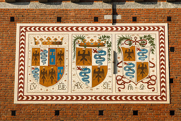coat of arms of Valencia on the facade of Mercado Central, an art nouveau building with a 30-metre-high dome and walls covered in traditional ceramic tiles, in the Spanish city of Valencia; Valencia, Spain