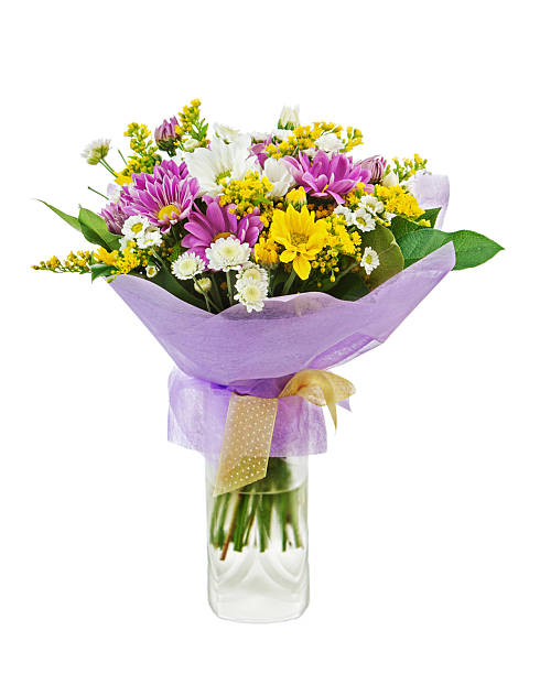 istock Colorful bouquet from gerberas in glass vase isolated on white 459901501
