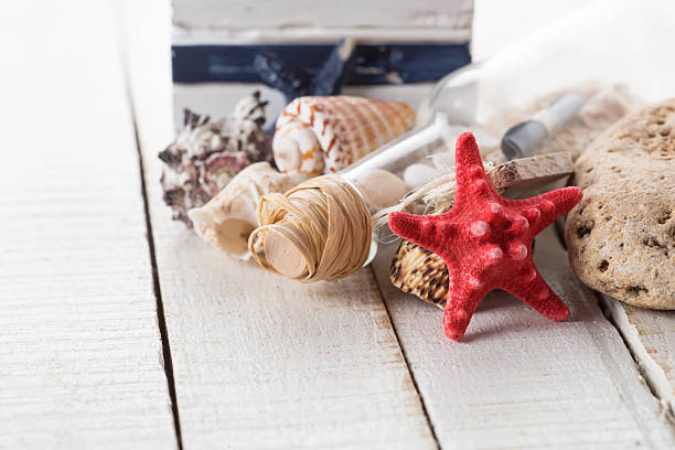 istock Summer concept. Stone, starfush, bottle  on wooden background. 459904365