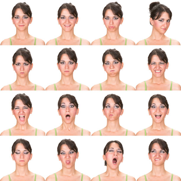 istock Expressive brown ponytail hair woman emotion set collection on white 459905563